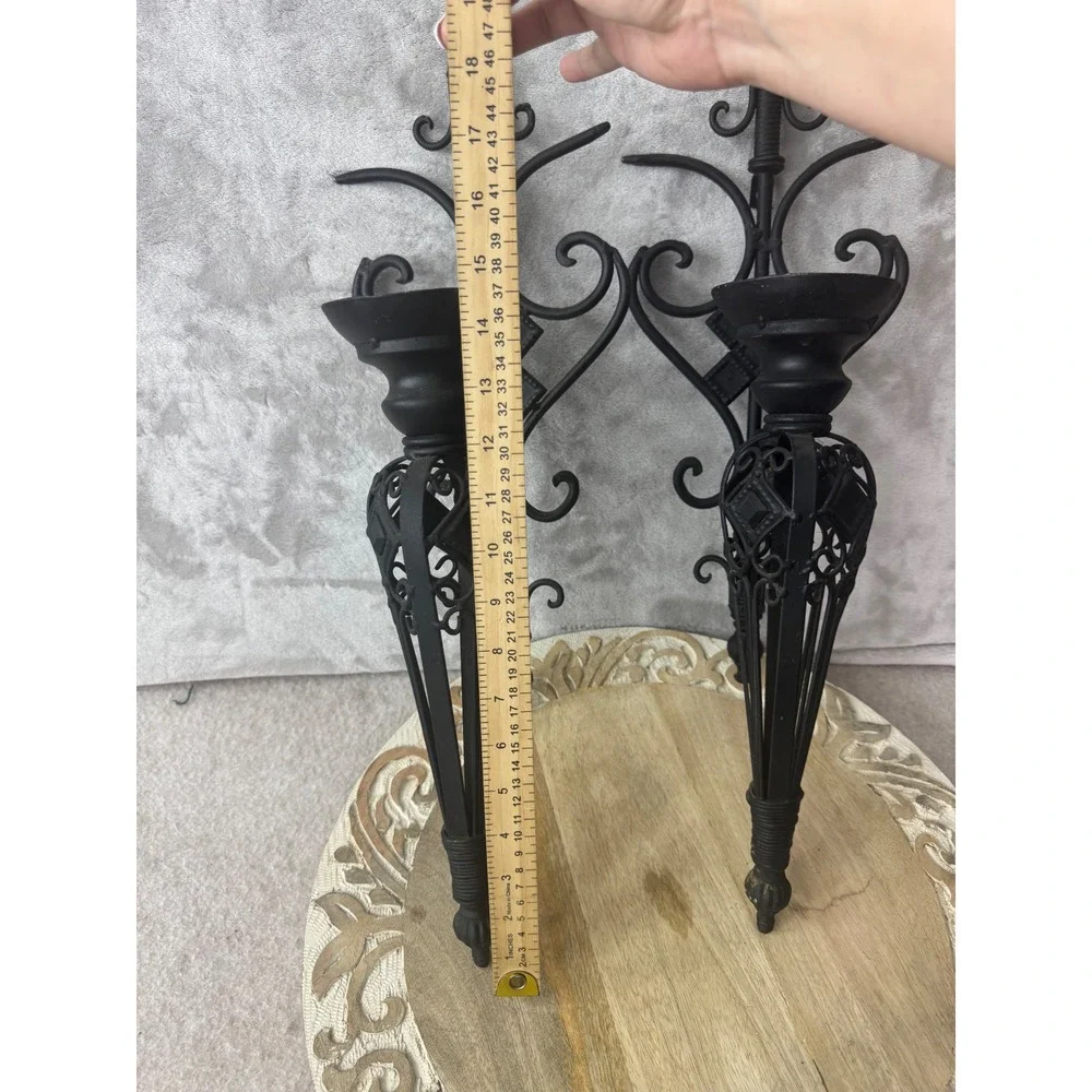 Vintage Black Wrought Iron Gothic Wall Sconce Pair Ornate Scrollwork 19.5 Inch